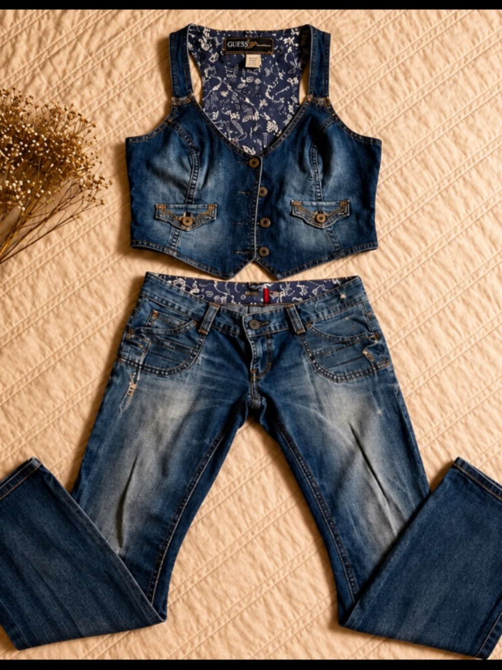 Vintage GUESS Premium Y2K Denim Set Bootcut Jeans 28 + Cropped Vest XL